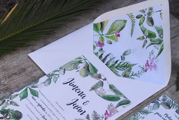 Invitación de boda tropical y encinas