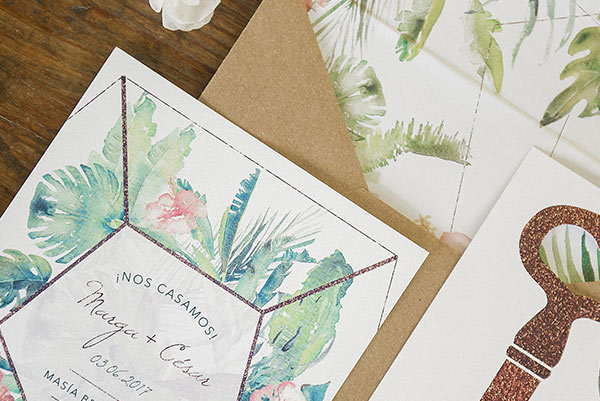 Invitación de boda tropical geometrica