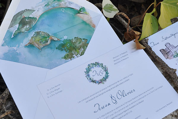 Invitación de boda clásica con ilustración personalizada